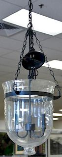 Set of three contemporary hanging light fixtures, each having three lights. ht. 38in.