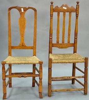 Two primitive rush seat side chairs, one with splat back and French feet and the other banister back. seat ht. 17in., total h