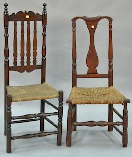 Two primitive side chair including side chair with splat back and turned stretcher base and side chair with banister back. se