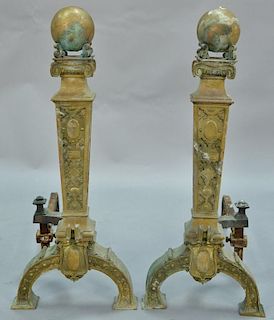 Pair of large brass Victorian andirons. ht. 29 1/2in.  Provenance: Estate of Arthur C. Pinto, MD