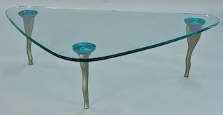 PMH glass top coffee table, triangular top on polished aluminum legs, signed PMH. ht. 15in., top: 30" x 52"