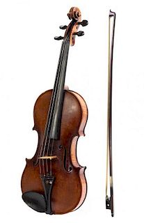 A German Violin, G.A. PFRETZSCHNER, Length of back 14 inches, length of bow 28 1/2 inches.