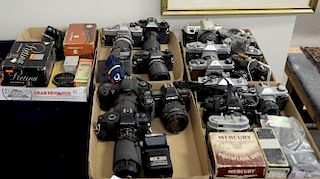 Five box lots: Camera group to include Minolta SRT 101 with soligor, Canon Rebel, Olympus 2S with 135 f2.8, Minolta x-700 wit