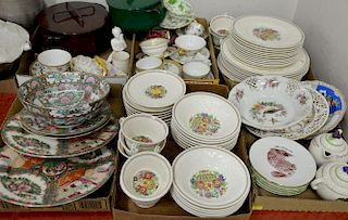 Six box lots to include Wedgwood Windermere dinner set, cups and saucers, Rose Medallion dishes, Dansk enameled covered cookw