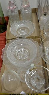 Three tray lots, four cut glass decanters, two cut glass bowls, large crystal center bowl (possibly Baccarat), Lalique crysta