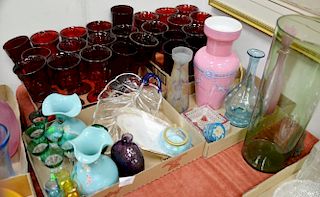 Four box lots to include three bristol glass vases, ruby red stemmed glasses, amethyst bottle, etc.