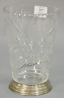 Large Hawkes crystal and sterling vase etched and cut iris and stem motifs, stamped Hawkes on underside and mounted with ster