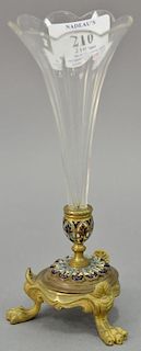 French enameled bronze and crystal bud vase, cut crystal lily form vase on paw footed gilt bronze base on three claw feet. ht