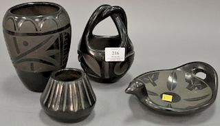 Four Santa Clara Blackware pottery pieces to include small vase marked Eckleberry St. Clara 1-89, basket marked Pabella Sta C