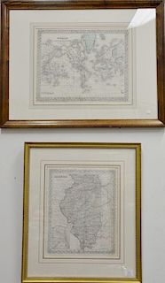 Six framed maps including J.H. Colton Illinois, Augustus Mitchell 1877 World on the Mercator Projection, State of Illinois by