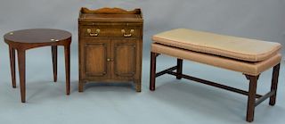 Three piece lot to include a mahogany leather top stand with pull-out slide, Chippendale style upholstered bench (lg. 36in.),