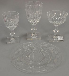 Thirty-two pieces of Hawkes crystal to include a set of 15 Hawkes etched crystal luncheon plates etched with fruit, apple, pe