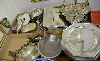Four box lots with silver and pewter to include Pewter Group set of 12 Wilton Columbia plates, and pair of pewter framed mirr