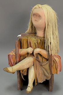 Folkart seated figure, carved wood with painted canvas clothes, signed on back Eve?. ht. 21 1/2in.