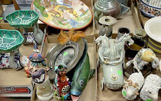 Five tray lots of ceramic and porcelain items to include ceramic mirror signed illegibly, ceramic car with unicorns signed Mo