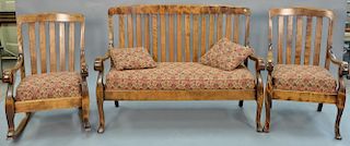 Three piece flamed birch set with settee, rocker, and armchair. settee lg. 54in.