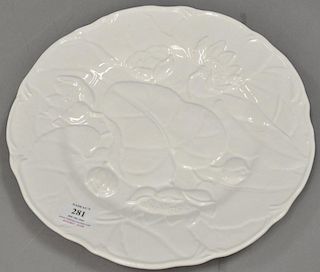 Set of sixteen Bordallo Pinheiro Majolica plates, large white glazed with molded leaf and flowers, marked on back Bordallo Pi