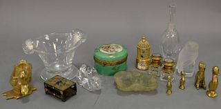 Box lot to include Lalique owl, Steuben bowl, hardstone Chinese dish, pair of perfumes with painted tops, porcelain box, bras