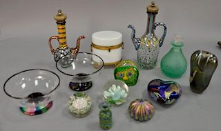 Box lot of art glass to include (2) Mackenzie Childs Victoria and Richard collection bottles, (2) Murano art glass dishes, gr
