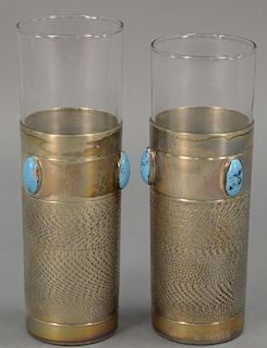 Set of twelve silver cup liners with turquoise enameled oval stones. ht. 7 1/2in.