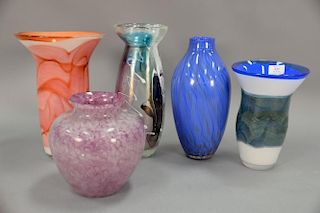 Five art glass vases, one with Murano label having colorful splash decoration and flared rim, a large blue twist vase, a purp