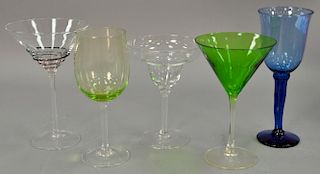 Group of thirty-four stemmed glasses, art glass martini glasses, margarita glasses, and wine glasses along with silverplate g