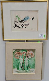Four small framed items to include Marc Chagall, lithograph, "Coq a' la Palette", having Galerie Adrien Maeght label; Andree 