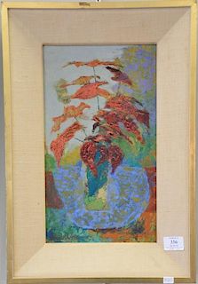 Bruce Currie (b. 1911), oil on masonite, still life of flowers "Red Plant", signed lower left and on verso, having Rudolph Ga