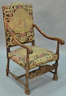 Jacobean style occasional chair with needlepoint and petit point upholstery. ht. 47in.