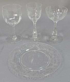 Hawkes crystal group to include set of six plates (dia. 8in.), seven white wine glasses, three red wine glasses, small bowl, 