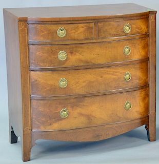 Signed mahogany bow front chest with burlwood front, signed Sahon Traditional Furniture, N.Y.. ht. 36in., wd. 36in., dp. 20 1