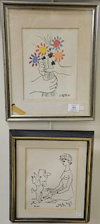 Two Pablo Picasso colored lithograph including Les Fleurs et Main, signed in litho along with Nude Woman Sitting with Boy wit