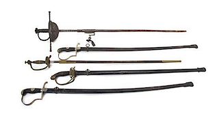A Group of Five German Swords, Length of longest 46 1/4 inches.