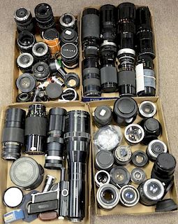 Four box lots: Camera lenses including Soligor, Tamron, Pentax K, Canon, Nikkor, Samigon, Vivitar, Rokunar Sigma, Promaster, 