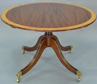 Mahogany banded inlaid round pedestal table with tip top. dia. 48in.