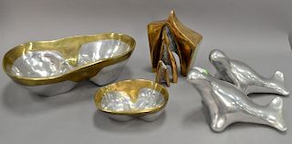 Fivepiece lot to include two heavy modern brass and polished pewter bowls having stamp mark (lg. 7 1/4in. & 13in.), pair of p