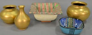 Group of five ceramic vases including Dorothy Hafner 1978 bowl, Mackenzie Childs ceramic bowl, and three gilt vases signed St