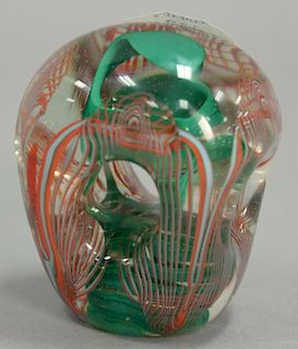 Karlin Rushbrooke art glass paperweight in green, red, and white, marked Karlin Rushbrooke A168 1978. ht. 3 1/2in.