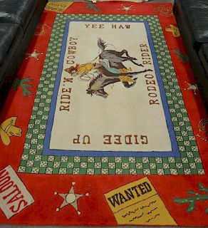 Two piece lot to include Crate & Barrel Ride'm Cowboy Rodeo children's rug 4'8" x 7'6" and a round animal hooked rug.