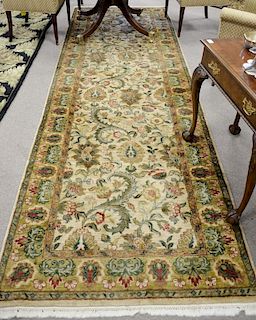 Oriental carpet runner, green and tan. 4' x 12'