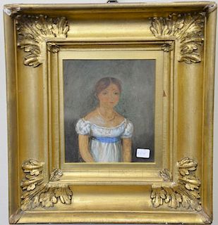 19th century framed gouache primitive portrait of a young girl. sight size 6 1/2" x 6".