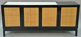 Mid-Century Probber style credenza, caned and marble top with dual turntable, speakers, and Scott Tube receiver. ht. 32in., w