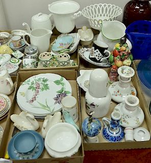 Four box lots to include Tiffany & Co. pitcher, porcelain compote, Wedgwood plate, French cologne bottle, Minton sugar, Royal