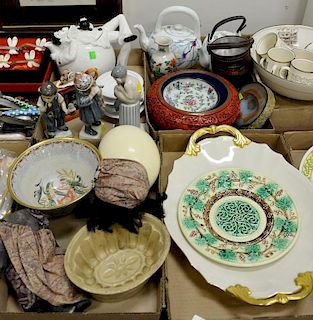 Four box lots to include ostrich egg shell, butter mold, Lenox platter, Majolica plate, three Royal Copenhagen, teapots, etc.