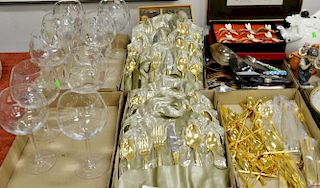 Six box lots with gold flatware set, horn napkin rings, and set of etched red wine stems.