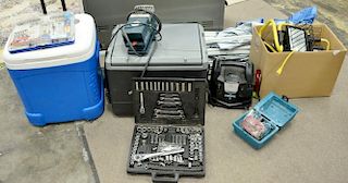Large group to include three lights, Makita sander, two coolers, jump starter, socket set, Air Station pop-up tent (as is).
