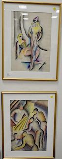 Four framed pieces to include an oil on canvas abstract signed illegibly, and three watercolors signed Harry