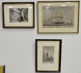 Seven framed prints and etchings including print after Robert Dodd of East Indian Man sailing vessel, a Sam Thal etching, M.M