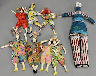 Group of seven Cerri Doll art poupee seed beanbag dancing figures with ceramic head, arms, and legs along with a bead doll (h