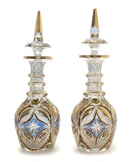 A Pair of Bohemian Enameled Cut Glass Decanters, 19TH CENTURY, FOR THE TURKISH MARKET, Height 18 inches.
